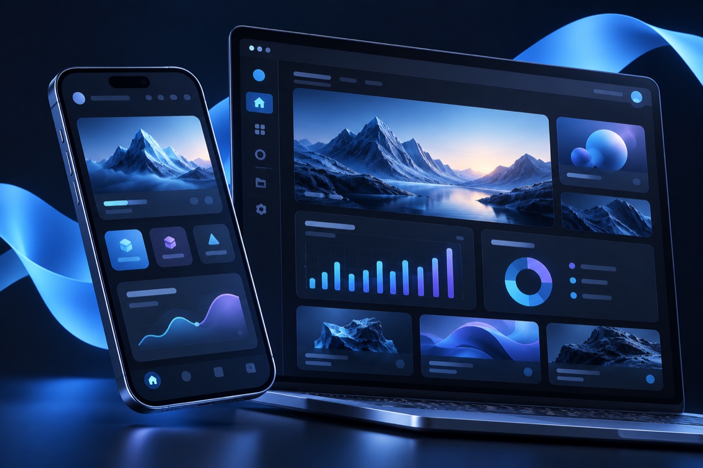 Phone and website product interface mockups